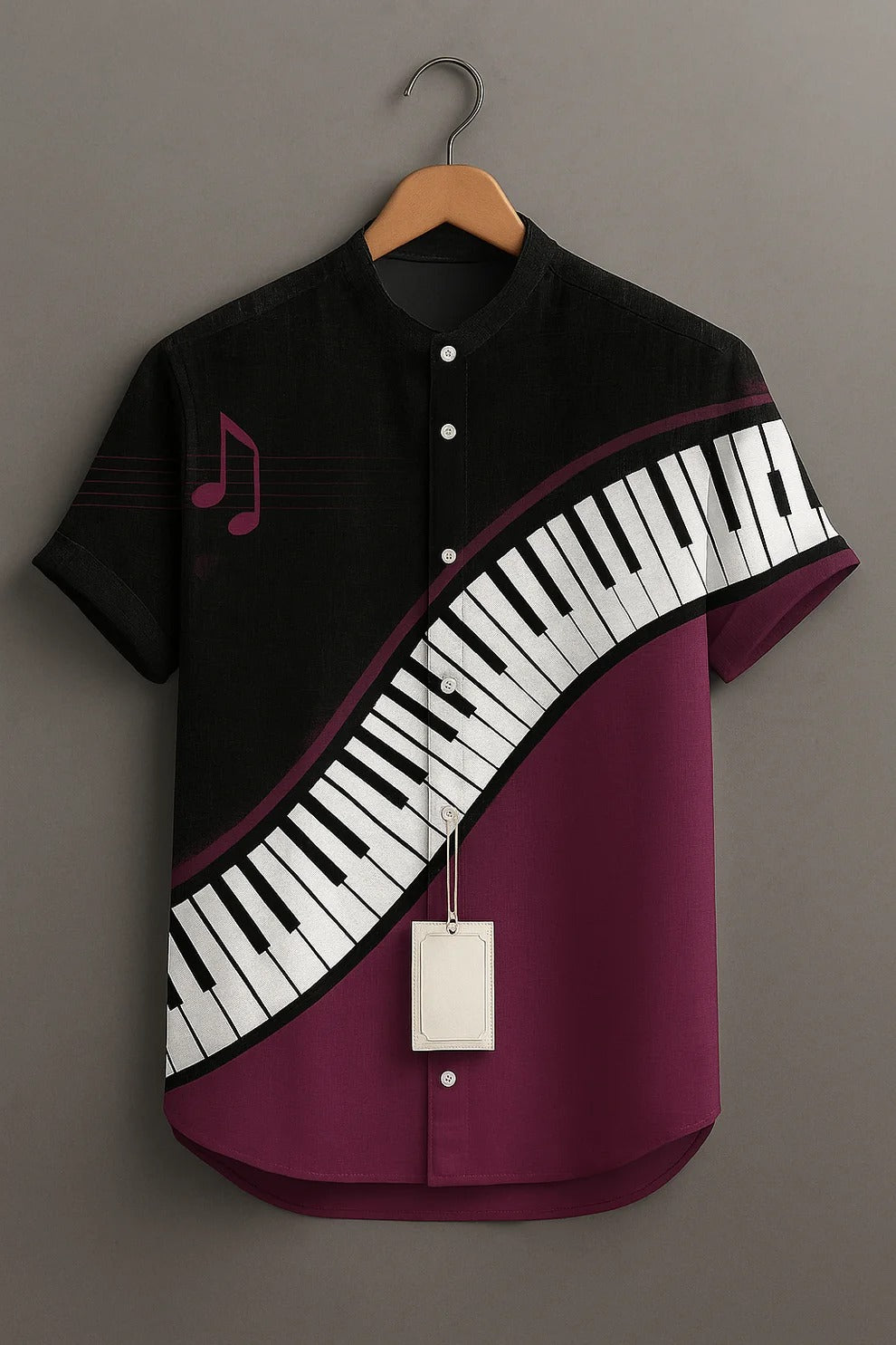 Men's Black Piano Keyboard Printed Mandarin Collar Half Sleeve Casual Shirt