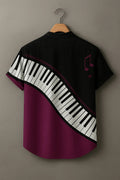 Men's Black Piano Keyboard Printed Mandarin Collar Half Sleeve Casual Shirt