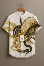 Men's Black & White Abstract Spiral Printed Mandarin Collar Half Sleeve Casual Shirt