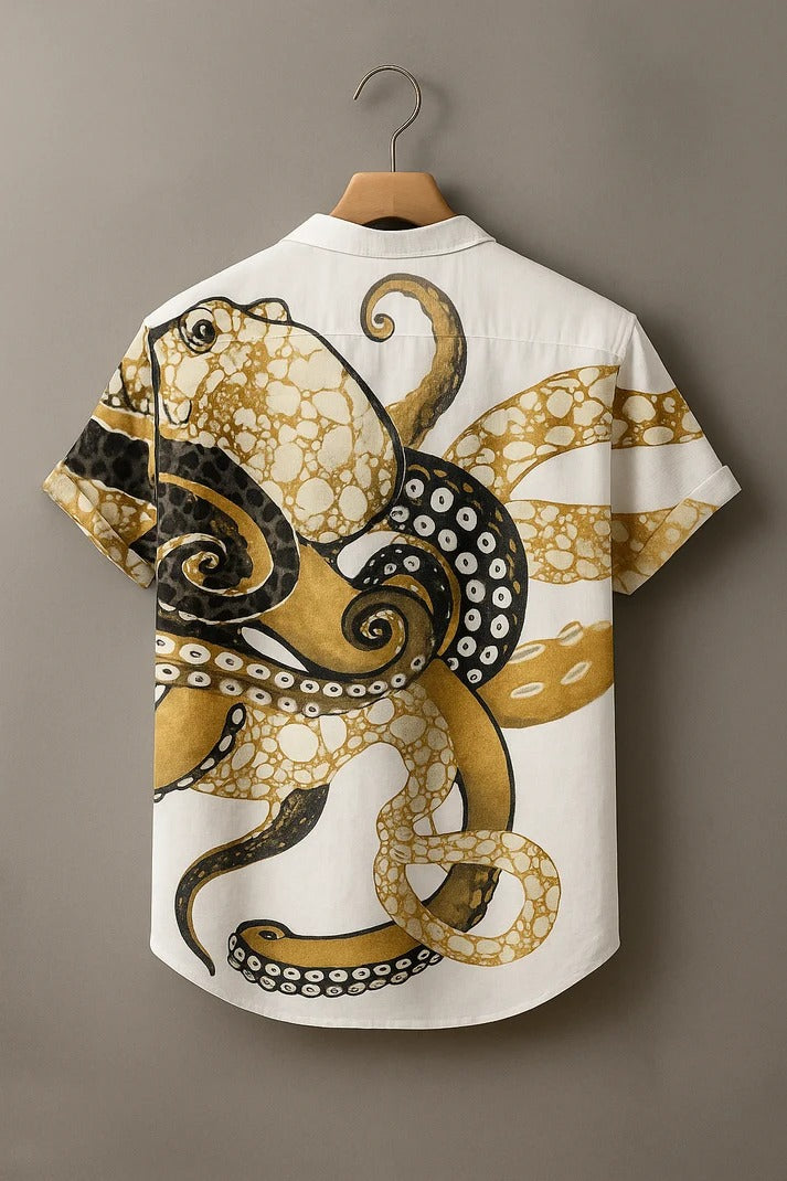 Men's Black & White Abstract Spiral Printed Mandarin Collar Half Sleeve Casual Shirt