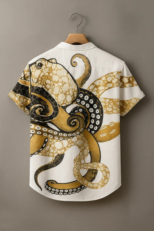 Men's Black & White Abstract Spiral Printed Mandarin Collar Half Sleeve Casual Shirt