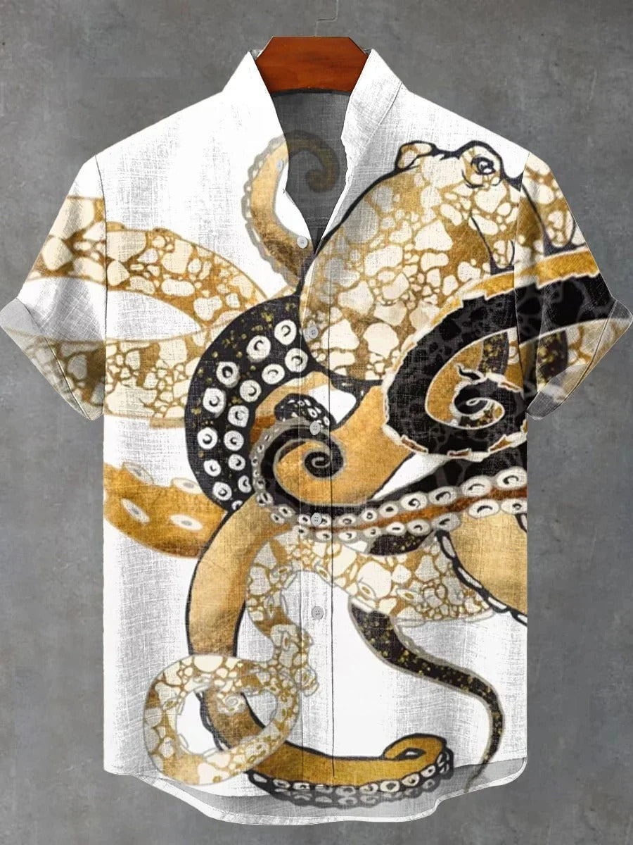 Men's Black & White Abstract Spiral Printed Mandarin Collar Half Sleeve Casual Shirt