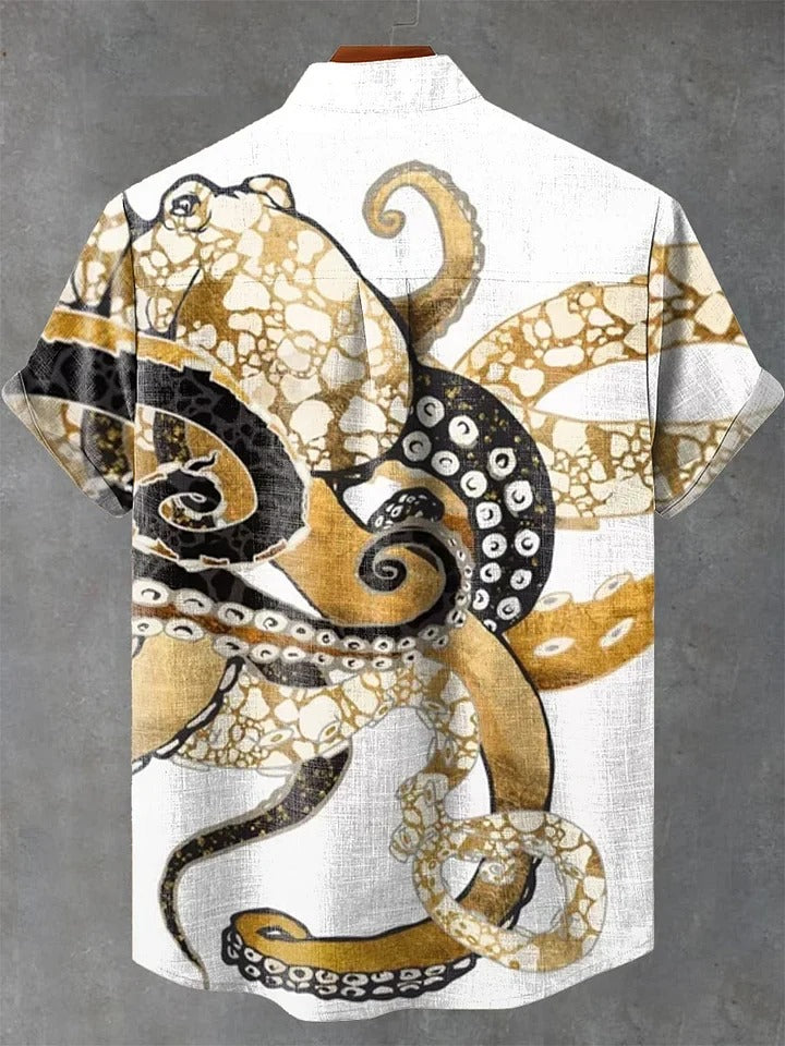 Men's Black & White Abstract Spiral Printed Mandarin Collar Half Sleeve Casual Shirt