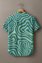 Men's Teal Green Abstract Wave Printed Mandarin Collar Half Sleeve Casual Shirt