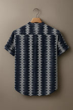 Men's Navy Blue Ikat Printed Mandarin Collar Half Sleeve Casual Shirt