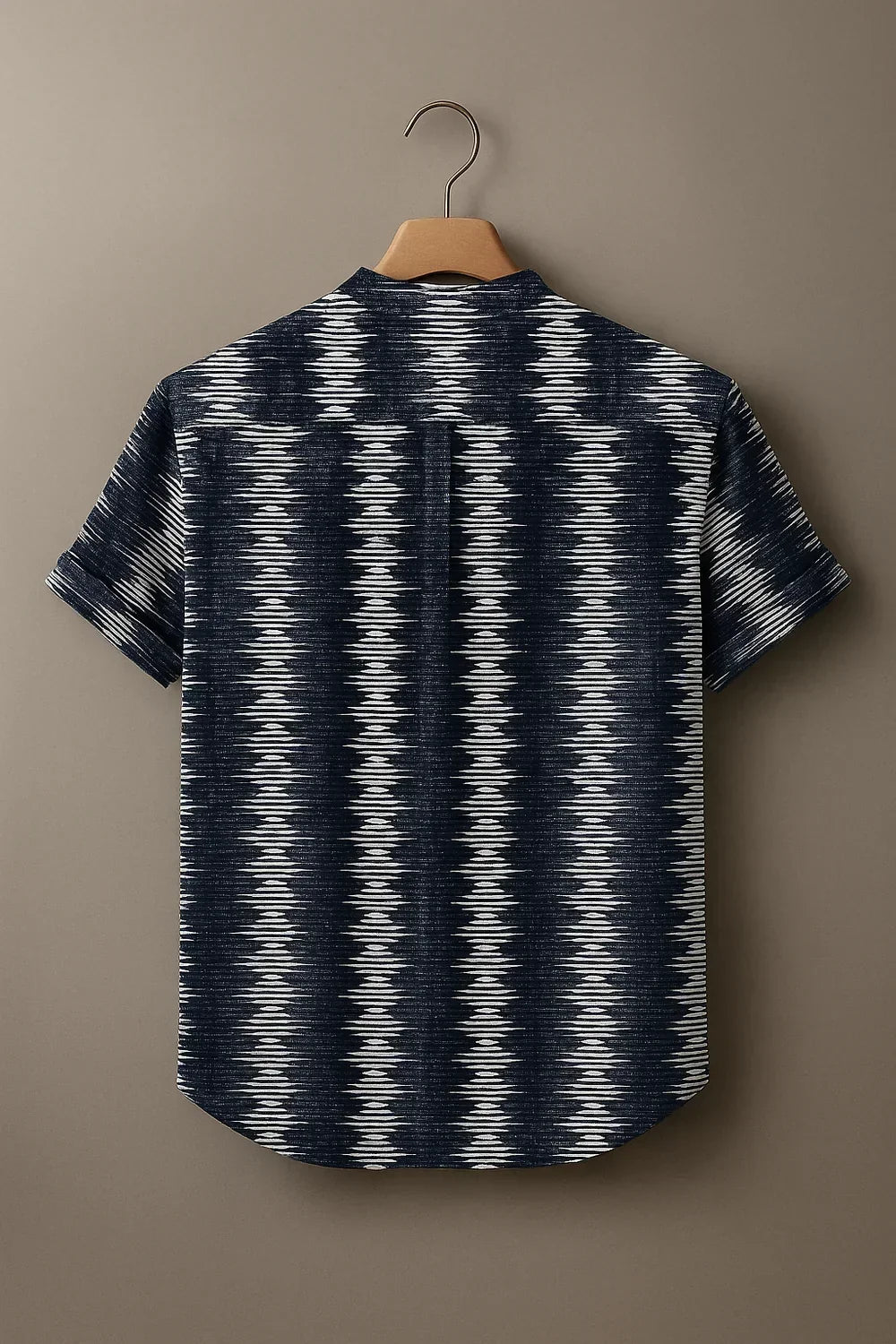 Men's Navy Blue Ikat Printed Mandarin Collar Half Sleeve Casual Shirt