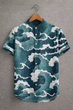 Men's Blue Ocean Wave Printed Mandarin Collar Half Sleeve Casual Shirt