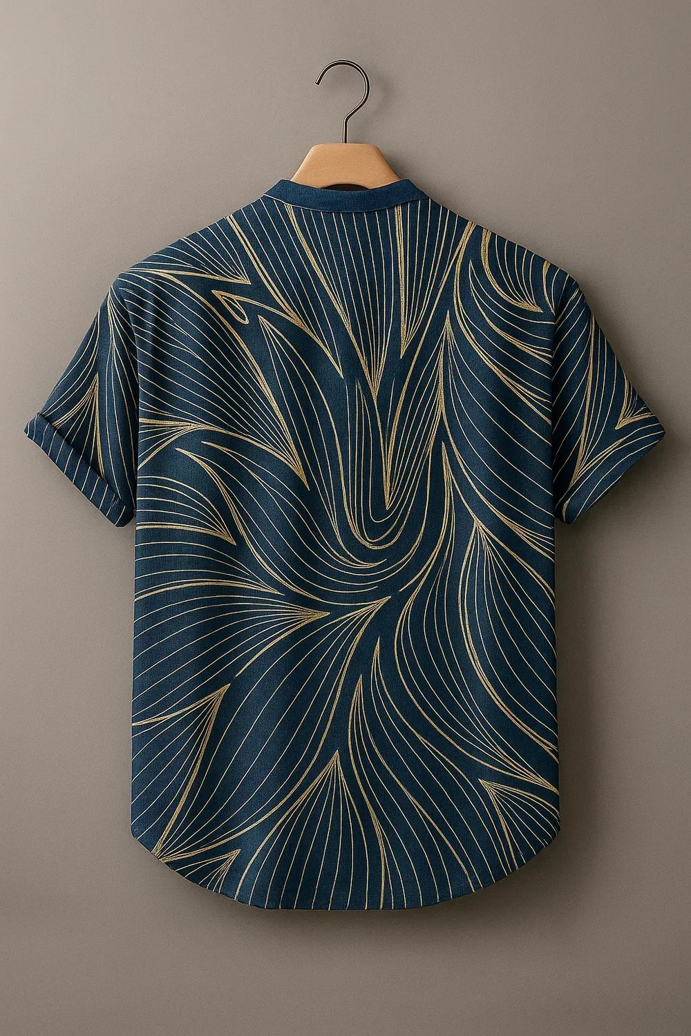 Men's Navy Blue Abstract Leaf Line Printed Mandarin Collar Half Sleeve Casual Shirt