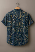 Men's Navy Blue Abstract Leaf Line Printed Mandarin Collar Half Sleeve Casual Shirt