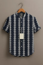 Men's Navy Blue Ikat Printed Mandarin Collar Half Sleeve Casual Shirt